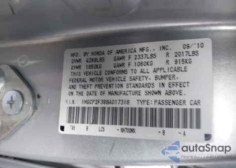 2011 Honda Accord 2.4 Lx z USA, uszkodzony, nr VIN 1HGCP2F39BA017318